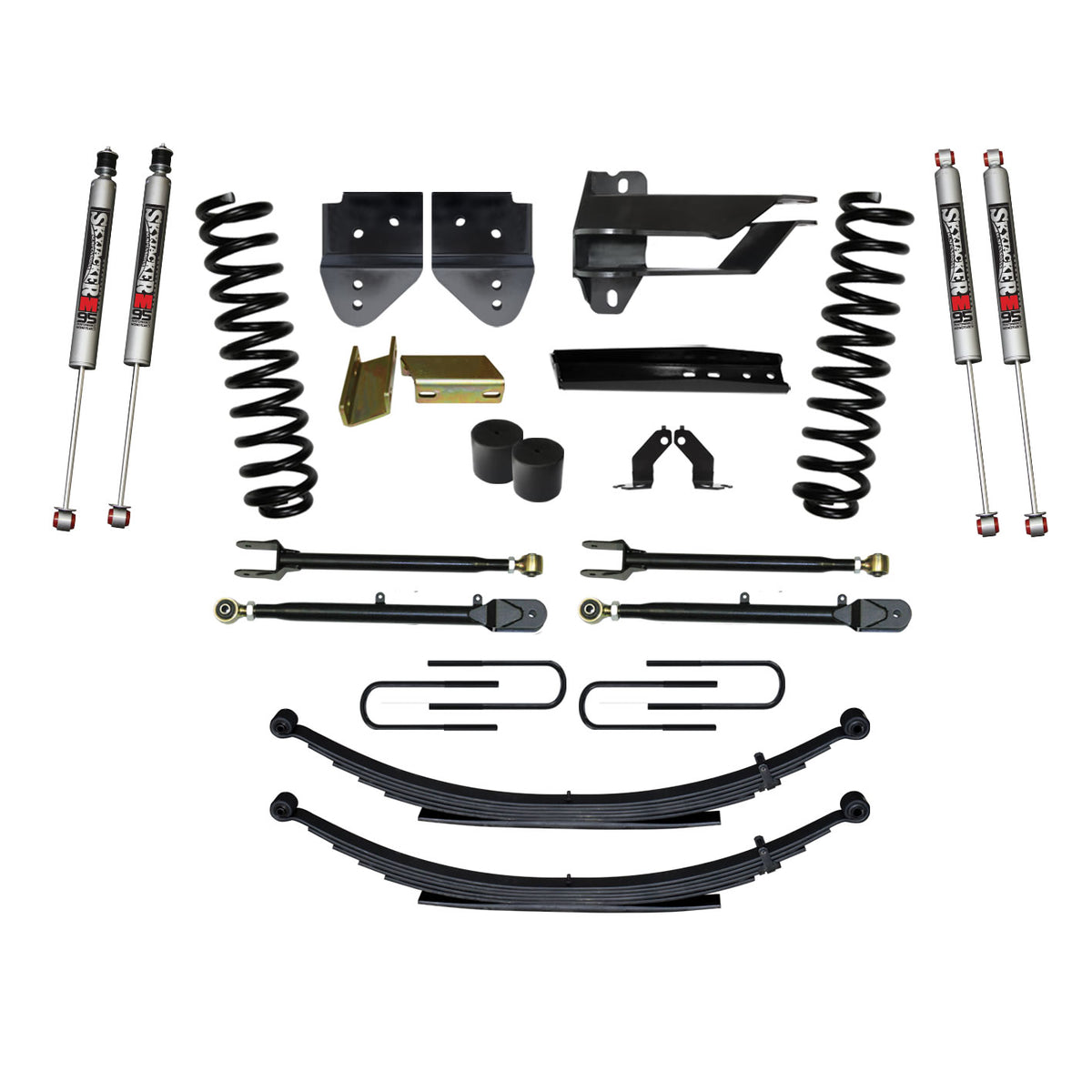 Suspension Lift Kit w/Shock 4 Inch Lift Incl. Front Coil Springs Rear Leaf Springs Adjustable 4-Links M9500 Monotube Shocks 17-19 Ford F-250/ F-350 Super Duty Diesel Skyjacker