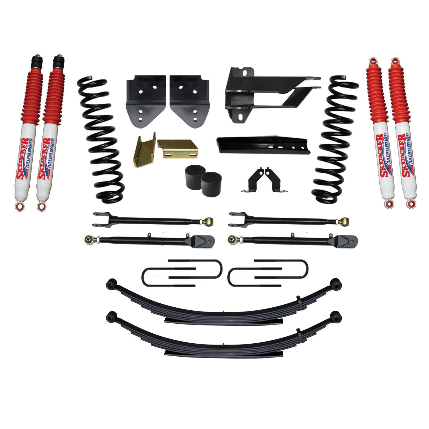 Suspension Lift Kit w/Shock 4 Inch Lift Incl. Front Coil Springs Rear Leaf Springs Adjustable 4-Links Nitro 8000 Shocks 17-19 Ford F-250/ F-350 Super Duty Diesel Skyjacker