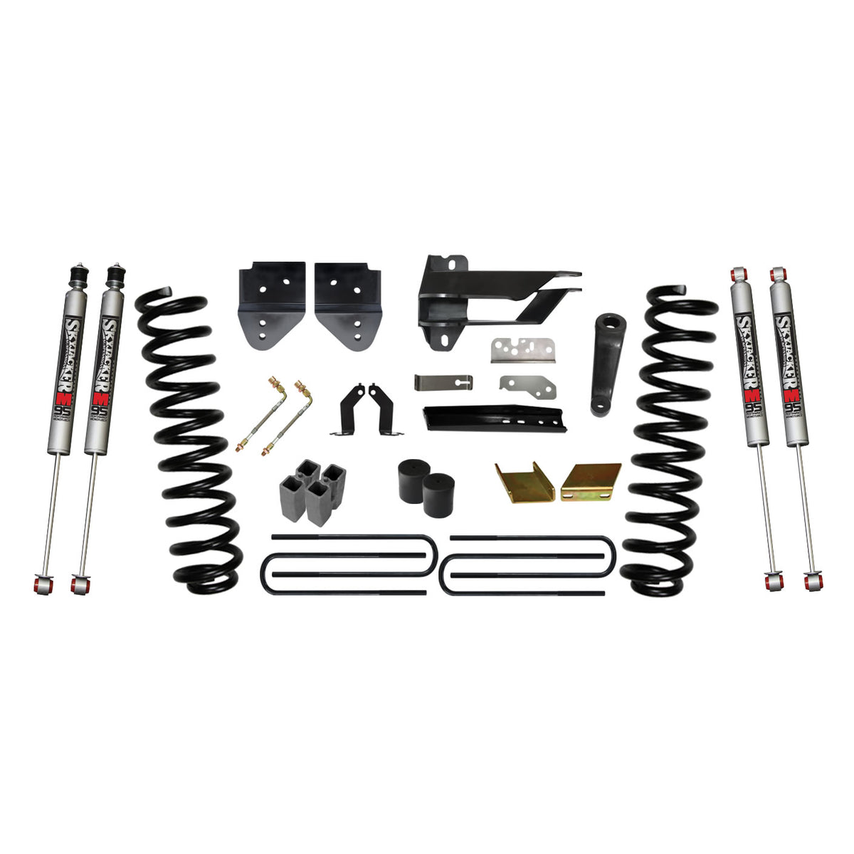 Suspension Lift Kit w/Shock 6 Inch Lift 17-19 Ford F-250 Super Duty Incl. Front Coil Springs Blocks U-bolts Bump Stop Spacers Radius Arm/Sway Bar/Track Bar Relocation Brackets M9500 Monotube Shocks Skyjacker