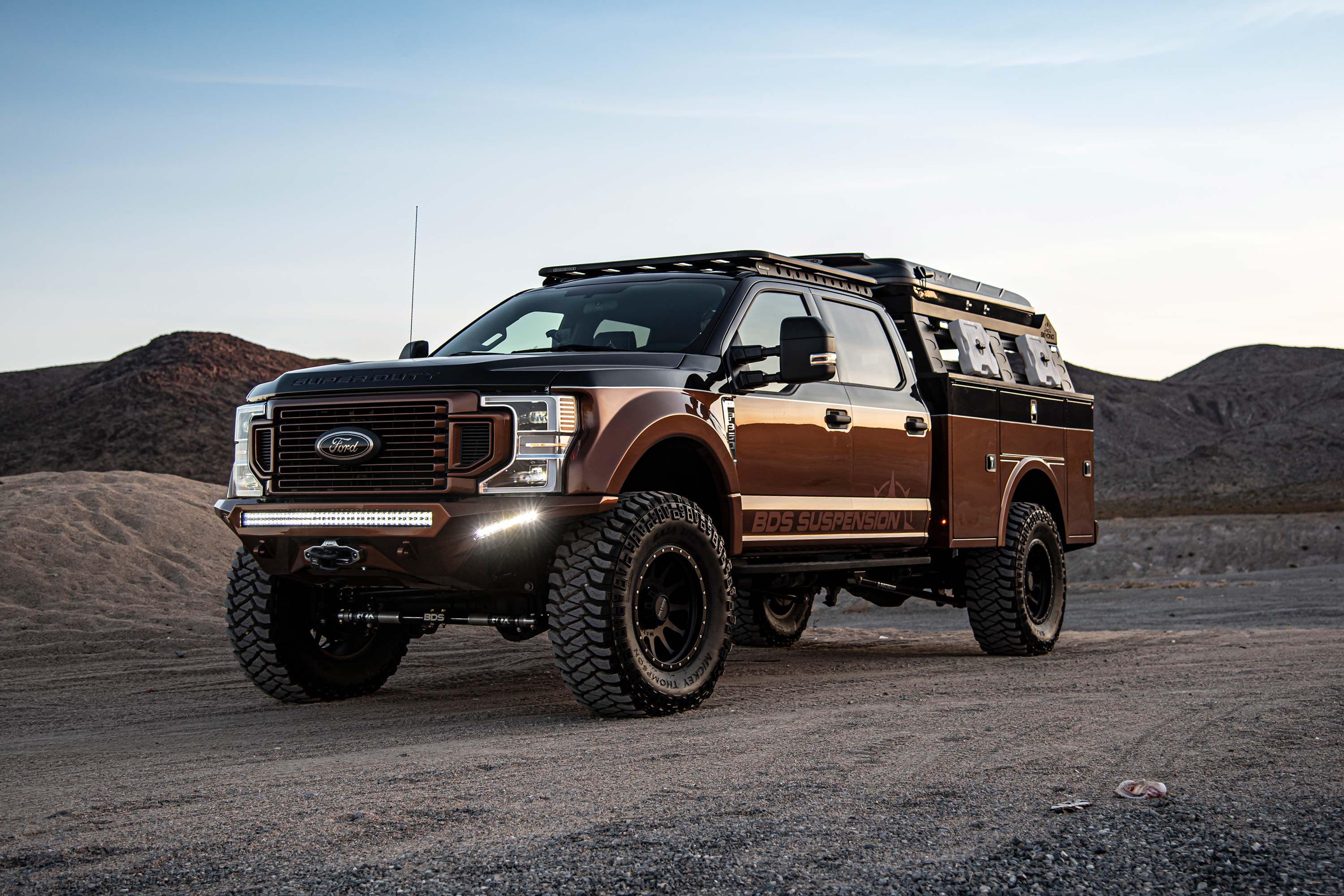 5-inch lift kit for 2020-2022 Ford F250/F350 Super Duty 4WD, showcasing enhanced off-road capability and rugged design.
