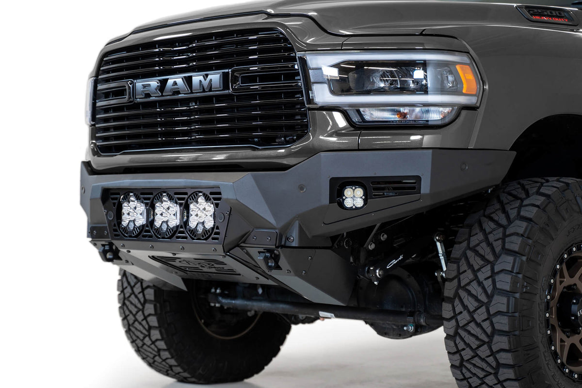2019-2025 RAM 2500 3500 Bomber Front Bumper Mounts for three Baja Design's LP6 round lights Addictive Desert Designs