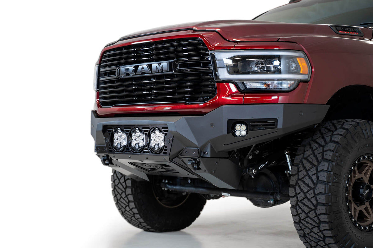 2019-2025 RAM 2500 3500 Bomber Front Bumper Mounts for three Baja Design's LP6 round lights Addictive Desert Designs
