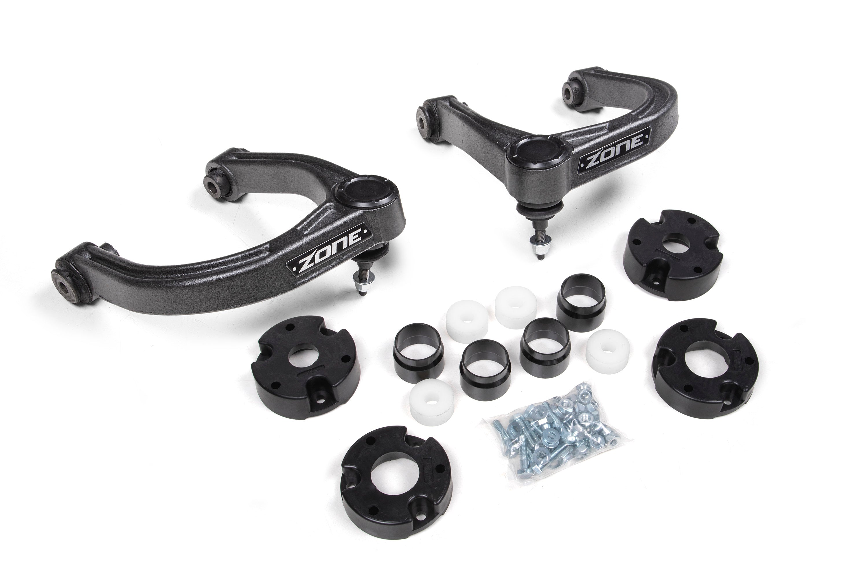 4 inch lift kit for Ford Bronco (21-25) featuring control arms, spacers, and hardware for enhanced off-road performance.