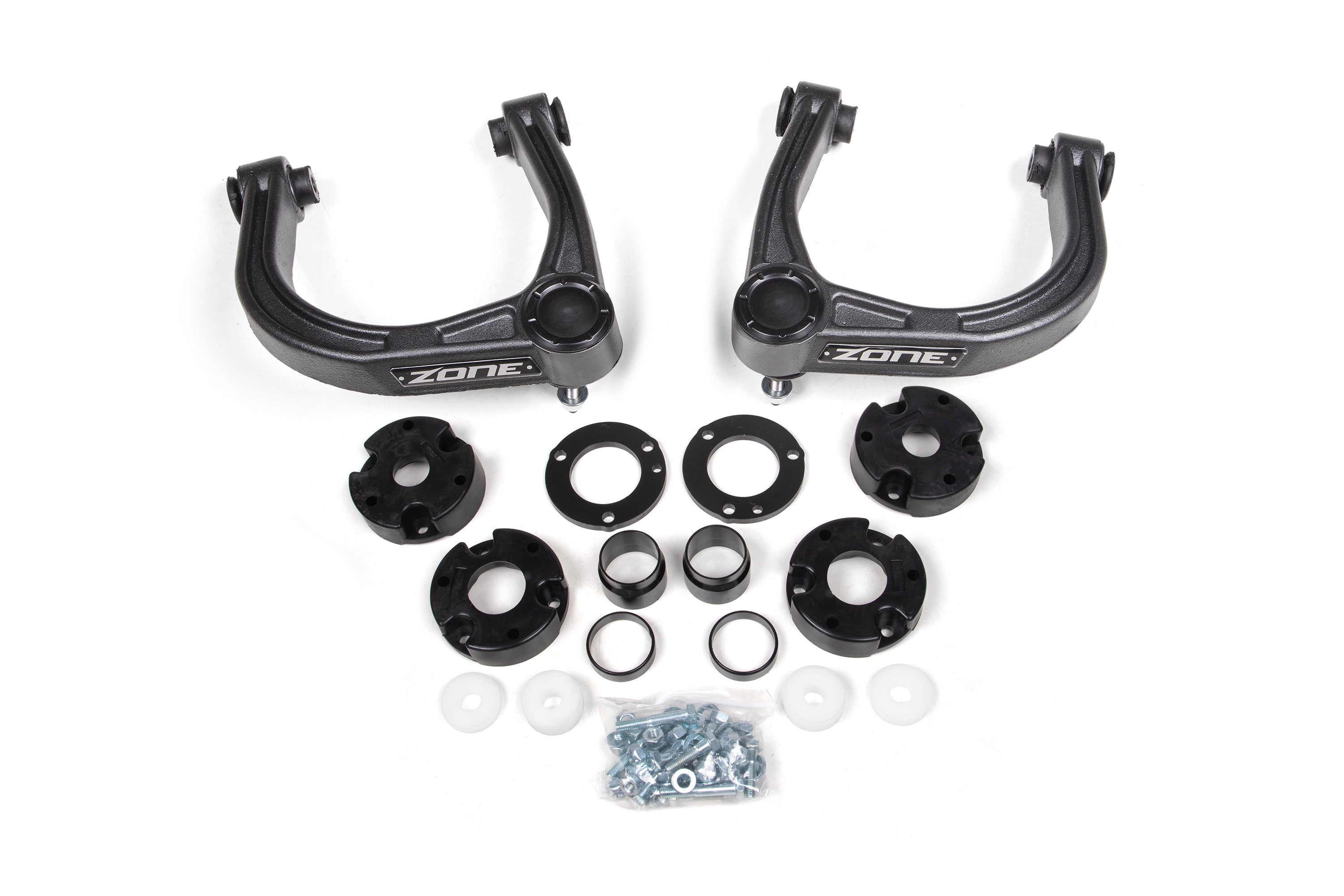 3.5 inch lift kit components for Ford Bronco Badlands Edition, including control arms, spacers, and hardware.