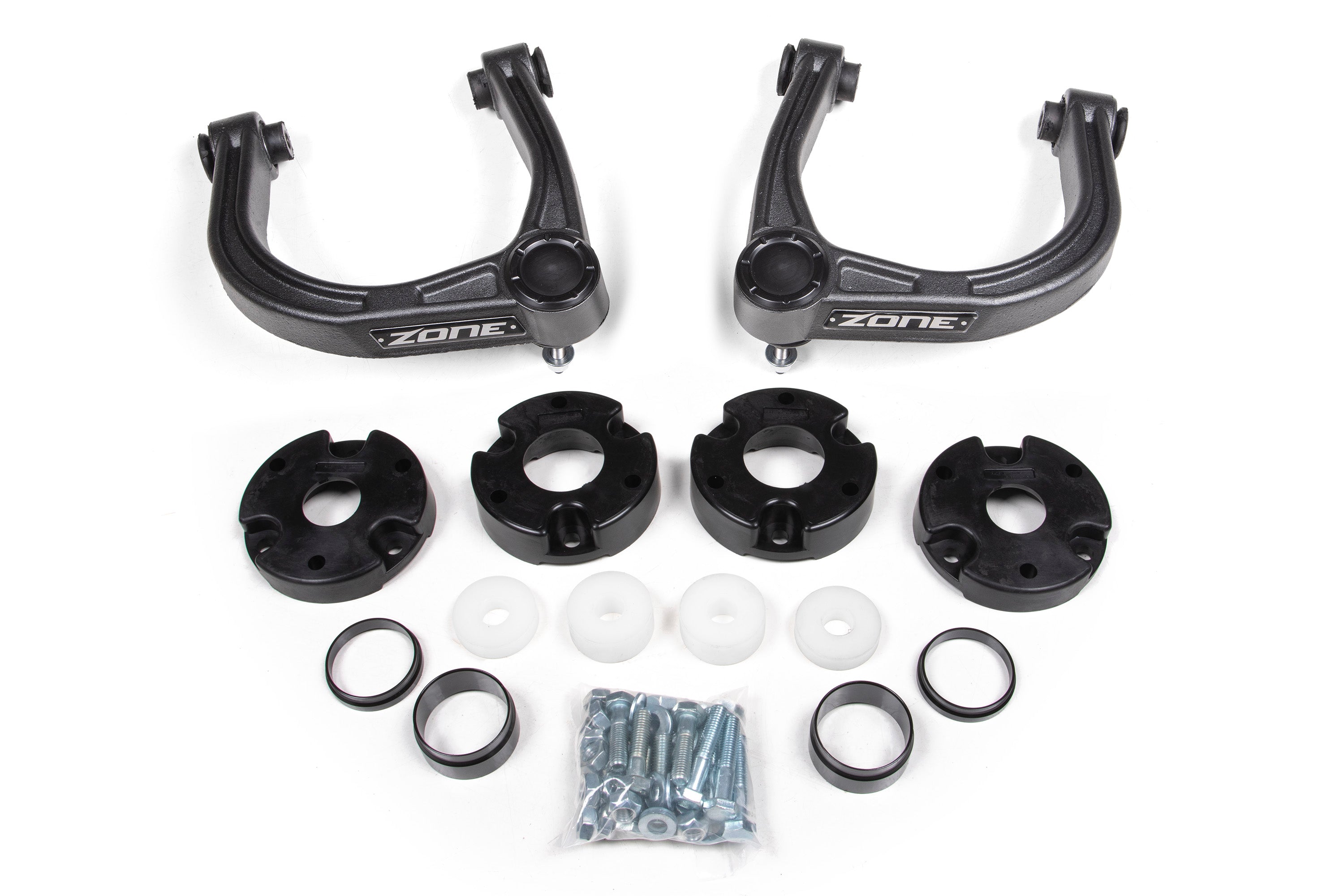 3 inch lift kit components for Ford Bronco 2021-2025 with Sasquatch Package, including upper control arms and spacers.
