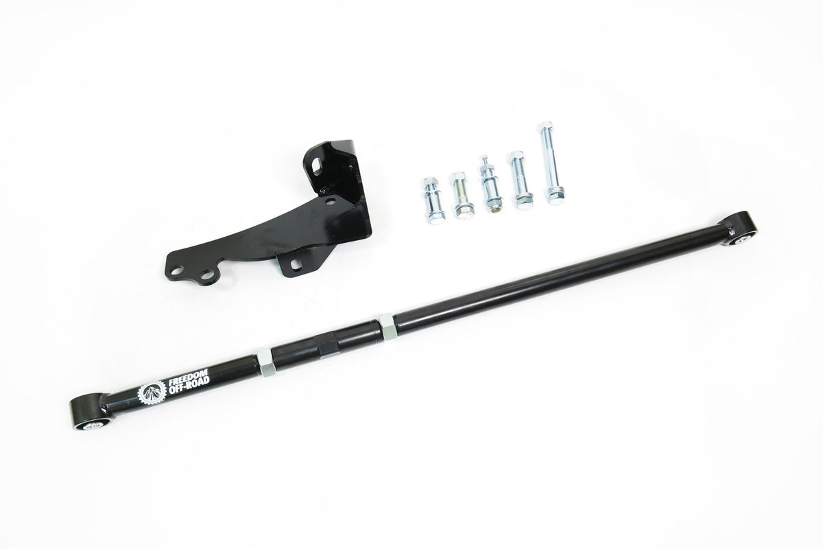 Adjustable front track bar for 0-4 inch lift, compatible with 95-02 Ram 1500/2500/3500, includes pillowball bushings and hardware.