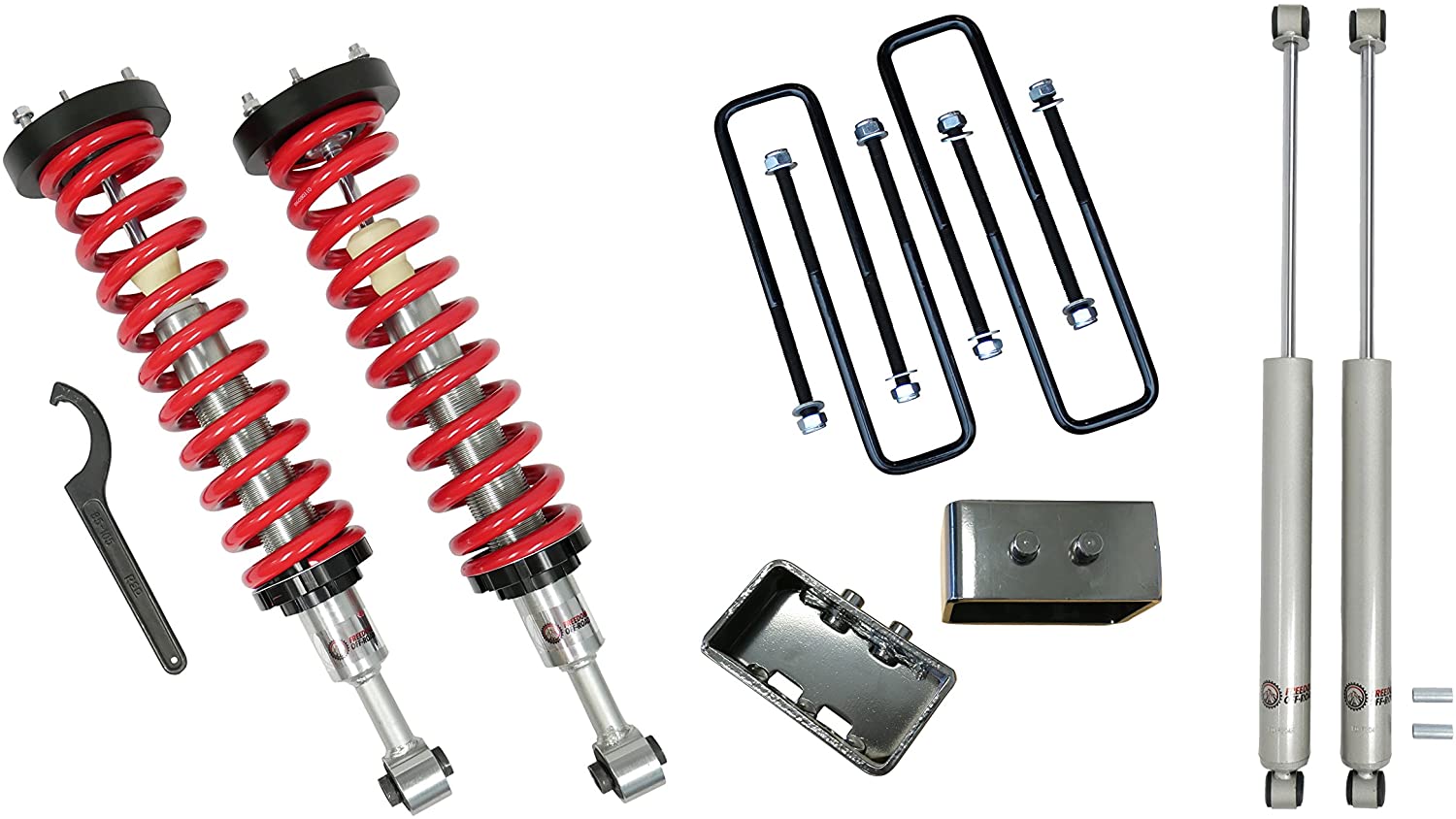 Adjustable coilovers, rear blocks with U-bolts, and shocks for 2004-2013 F-150 and 2006-2008 Mark LT by Freedom Off-Road.