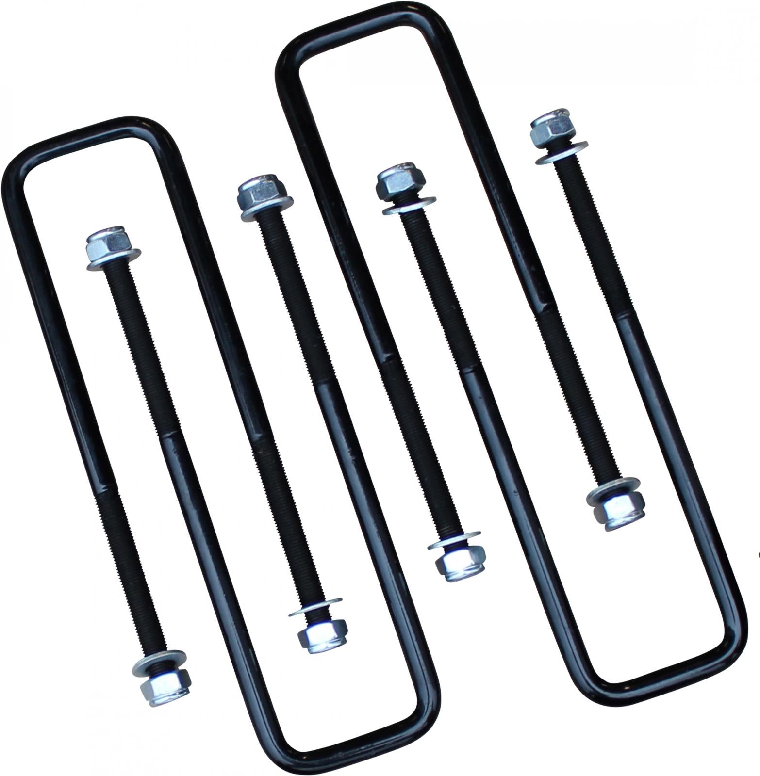 Four square U bolts designed for 2.5-inch wide leaf springs, measuring 10.5 inches long, suitable for various truck models.