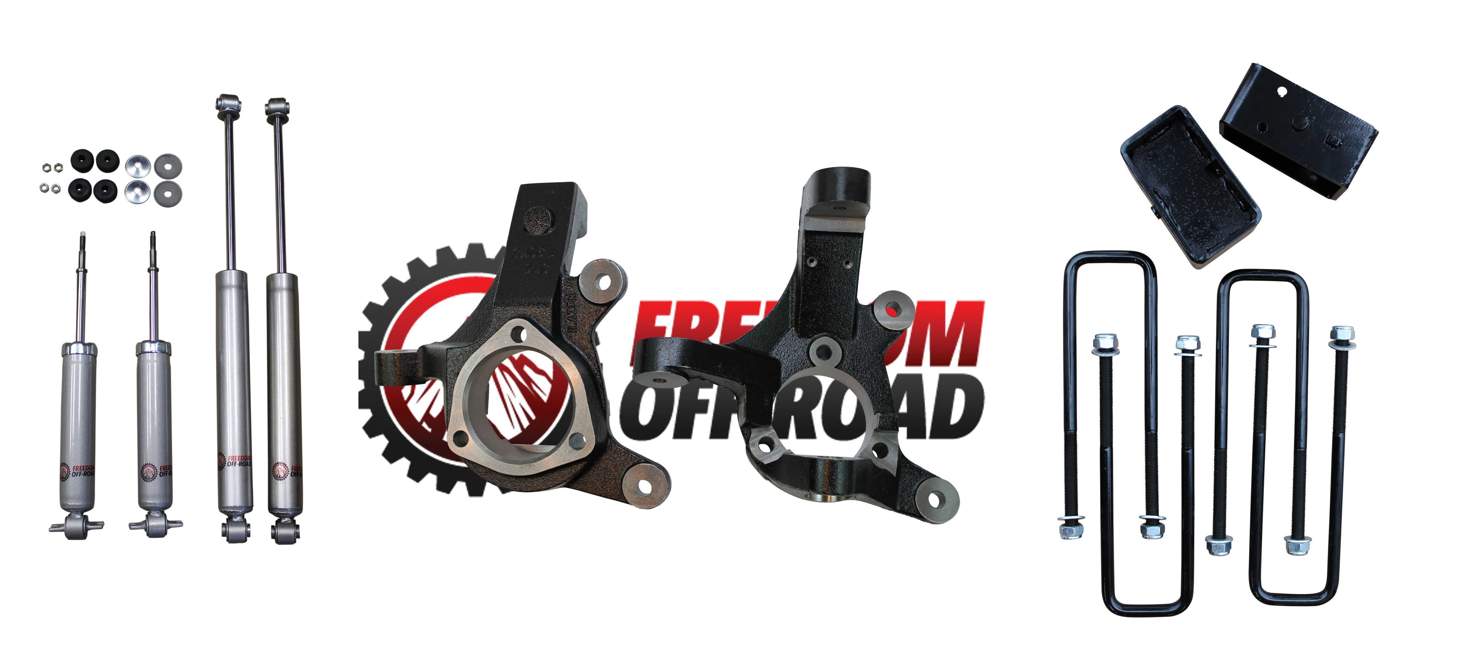 3" Lift Spindles / 2" Rear Lift Blocks w/ U Bolts + Shocks #FO-G701F30+FO-U30120+FO-G403+FO-G301-RWD