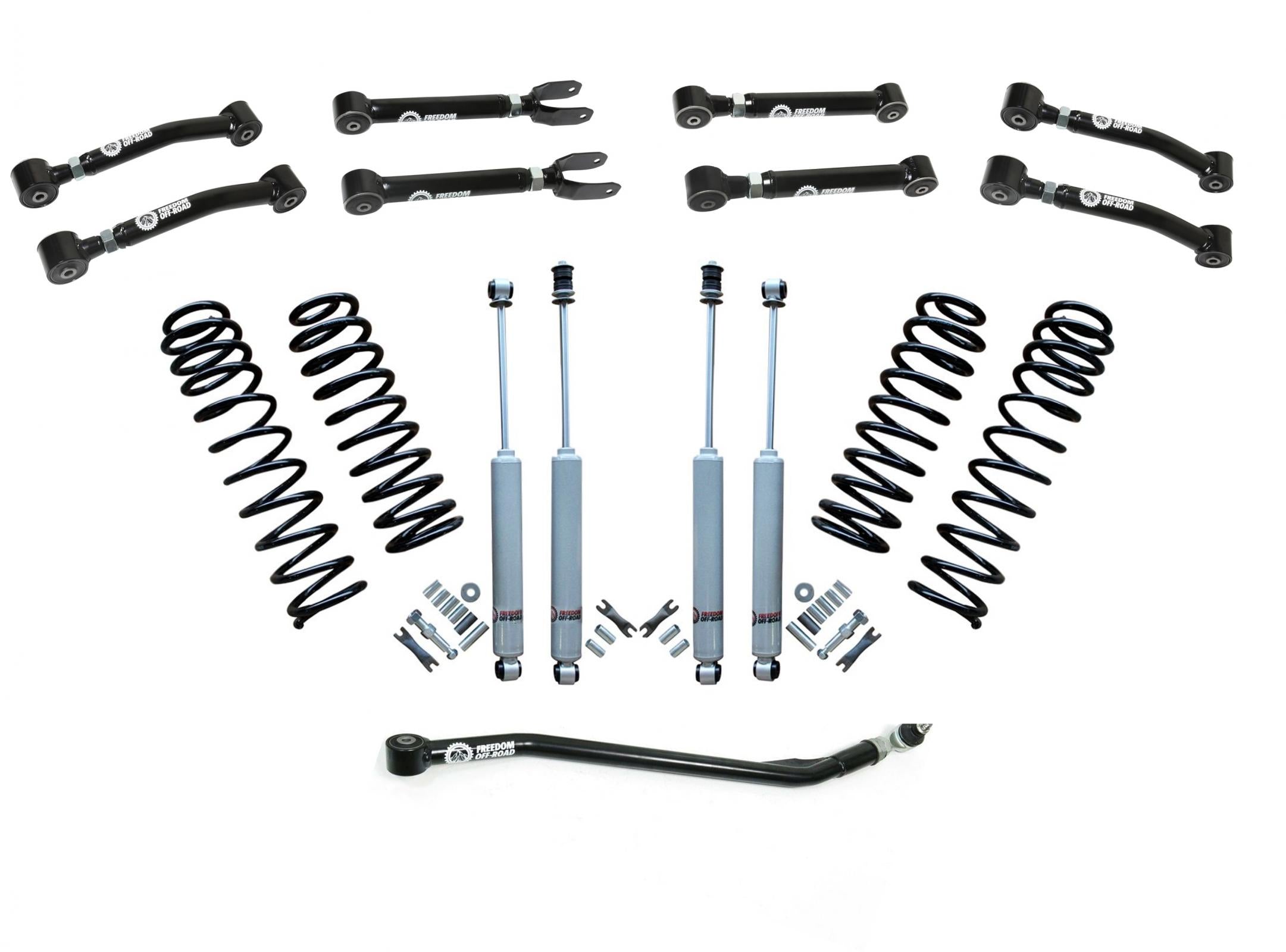 2.5 inch lift kit with shocks, adjustable control arms, and front track bar for 1997-2006 Jeep Wrangler TJ and LJ.