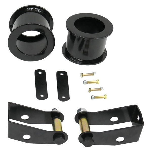 3-inch front coil spring spacers with shock extenders and brake line brackets for 2007-2018 Wrangler JK. Ideal for off-road upgrades.