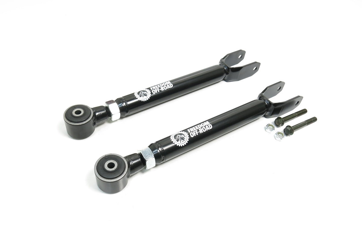 Adjustable front upper control arms for 0-6.5 inch lift on 2007-2018 Wrangler JK by Freedom Off-Road. Durable design for off-road performance.