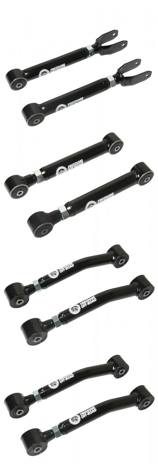Adjustable upper and lower control arms kit for 0-8 inch lift, designed for 97-06 Wrangler TJ, featuring eight durable components.