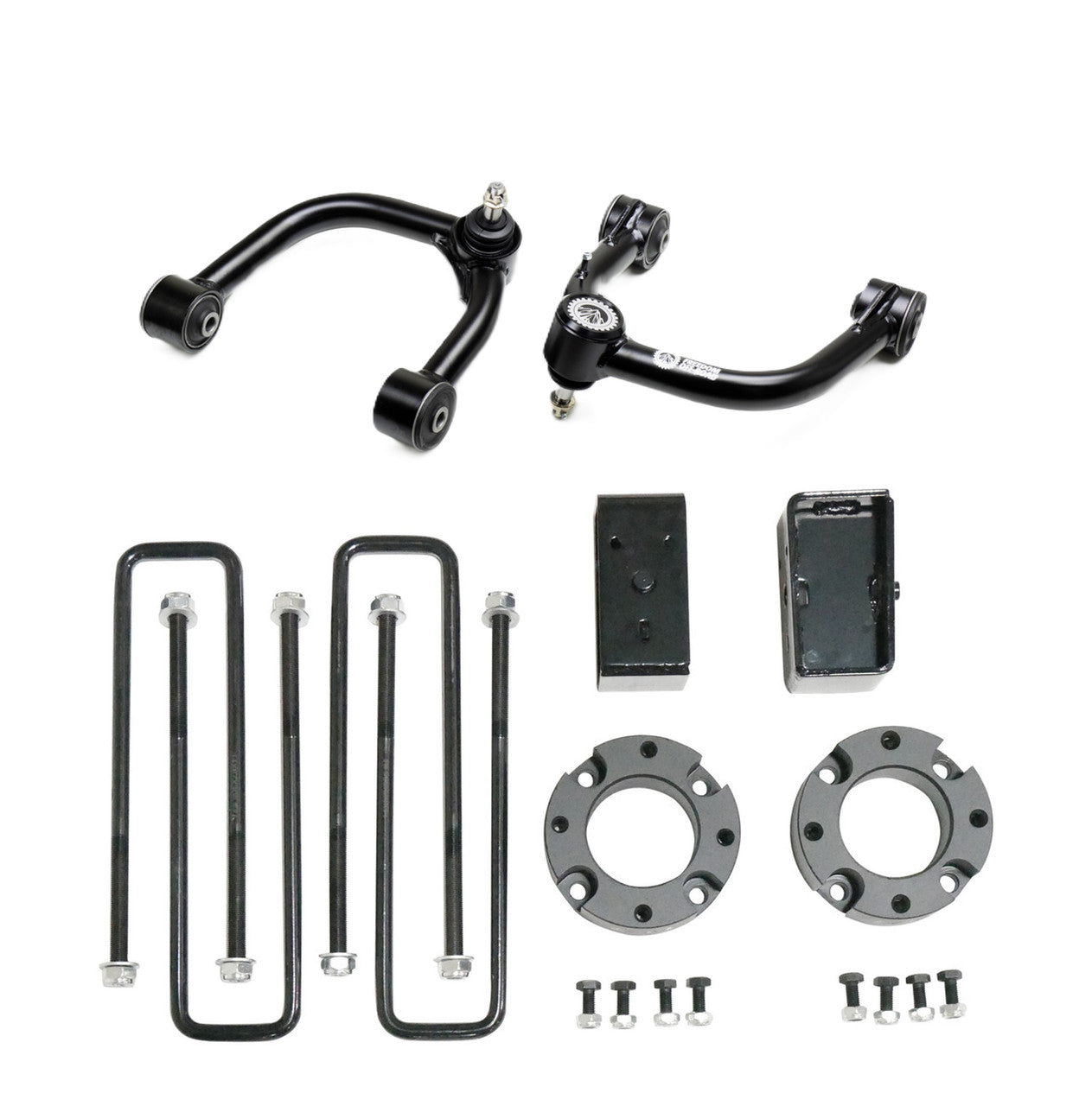 3-inch lift kit for 2005-2023 Toyota Tacoma, including front spacers, rear blocks, and control arms for enhanced off-road performance.