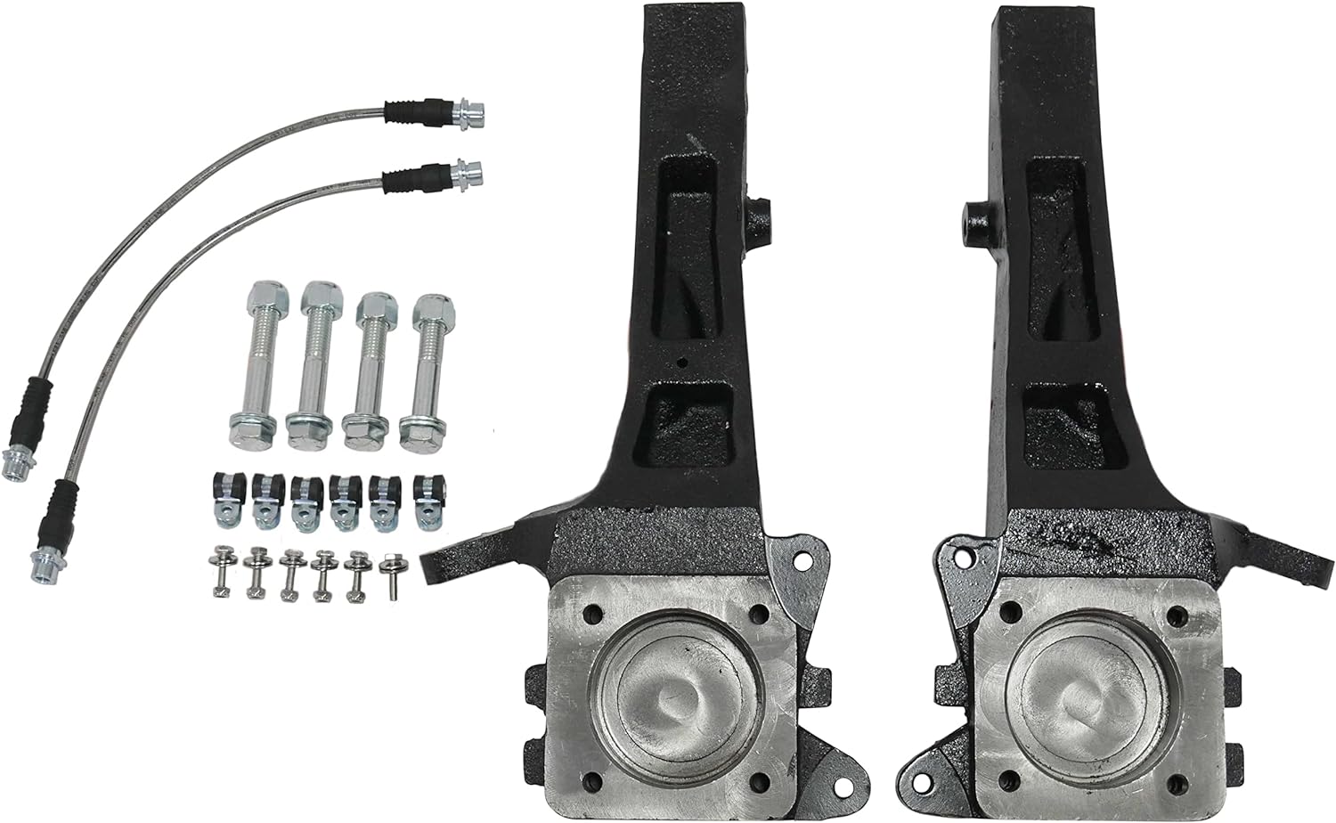 4-inch front lift spindles with extended brake lines for 2005-2023 Tacoma RWD, including necessary hardware for installation.