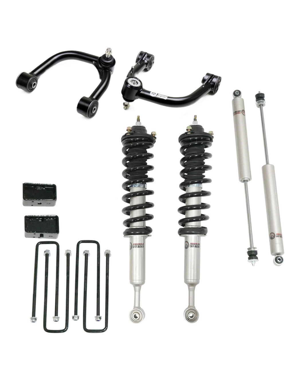 3 inch lift kit for 2005-2023 Toyota Tacoma, including front struts, rear blocks, shocks, and control arms.