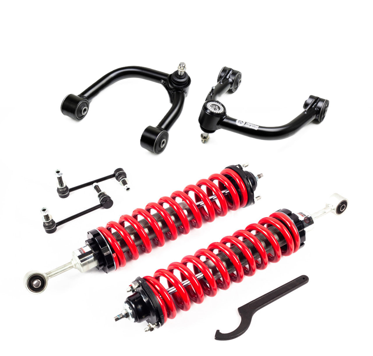 Coilovers and upper control arms for 2005-2023 Tacoma, designed for enhanced off-road performance and stability.