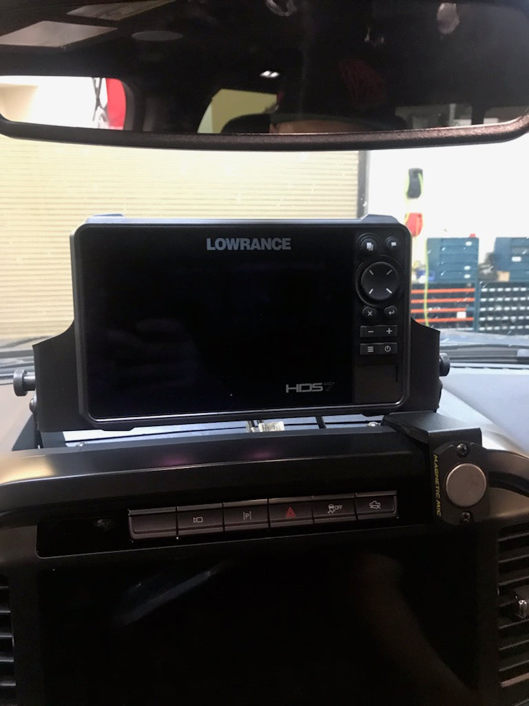2021-2024 F150 and Gen 3 Raptor center dash fold-down GPS mount for HDS7 Live, showcasing sleek installation and functionality.