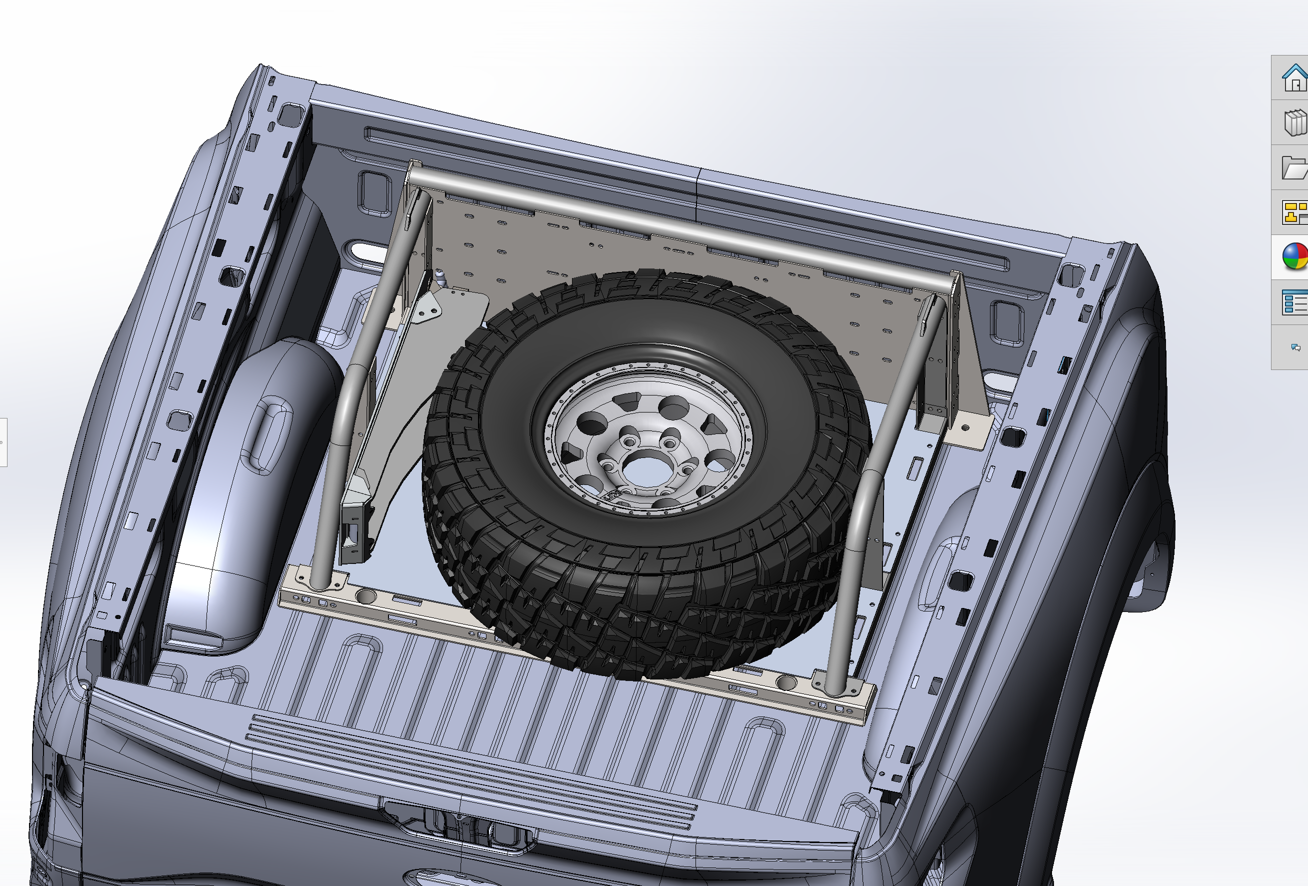 Modular bed organizer for 2017-2024 Ford Raptor and F150, featuring a mounted spare tire for enhanced utility.