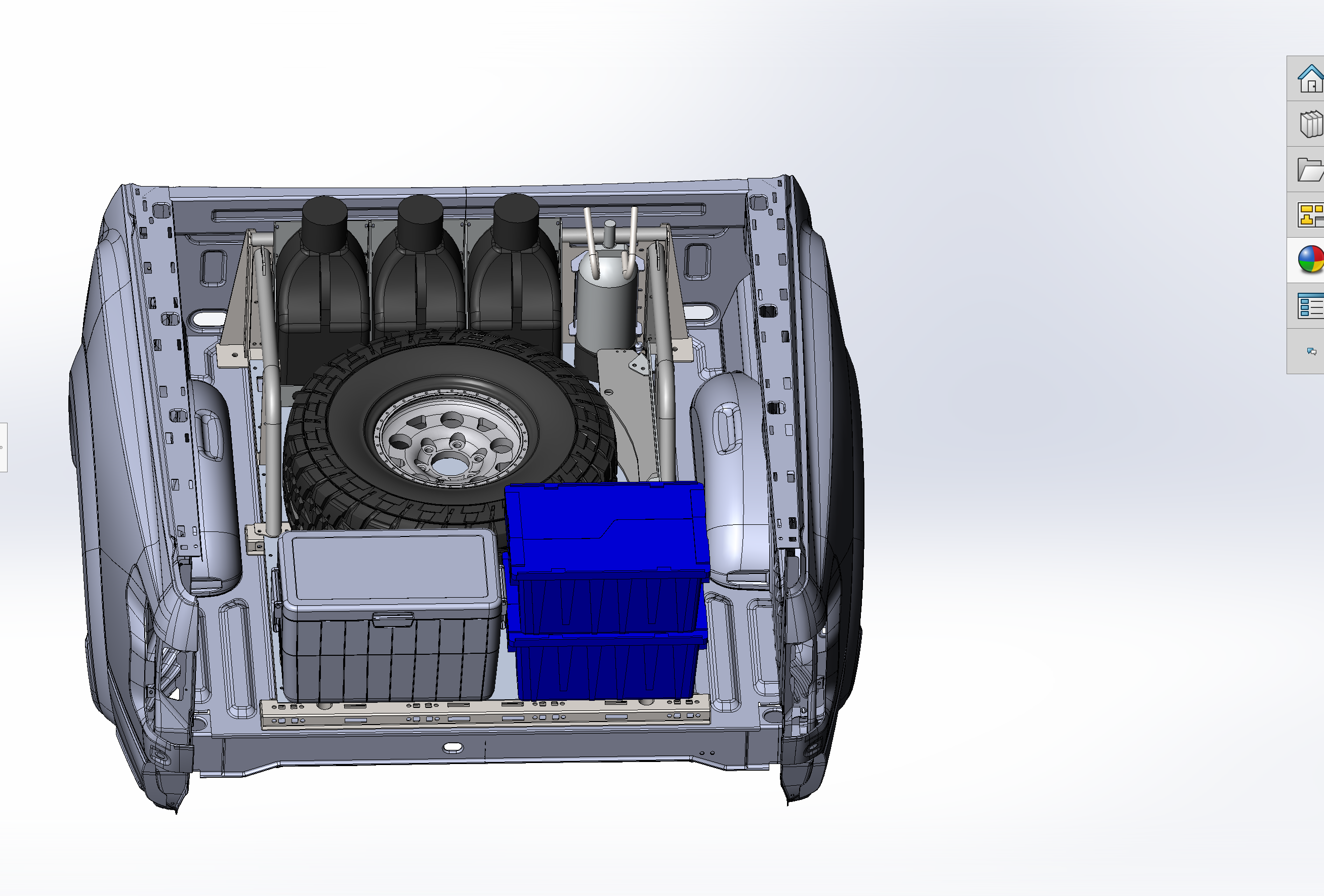 Modular bed organizer for 2017-2024 Ford Raptor and F150, featuring storage bins and tire compartment for efficient cargo management.