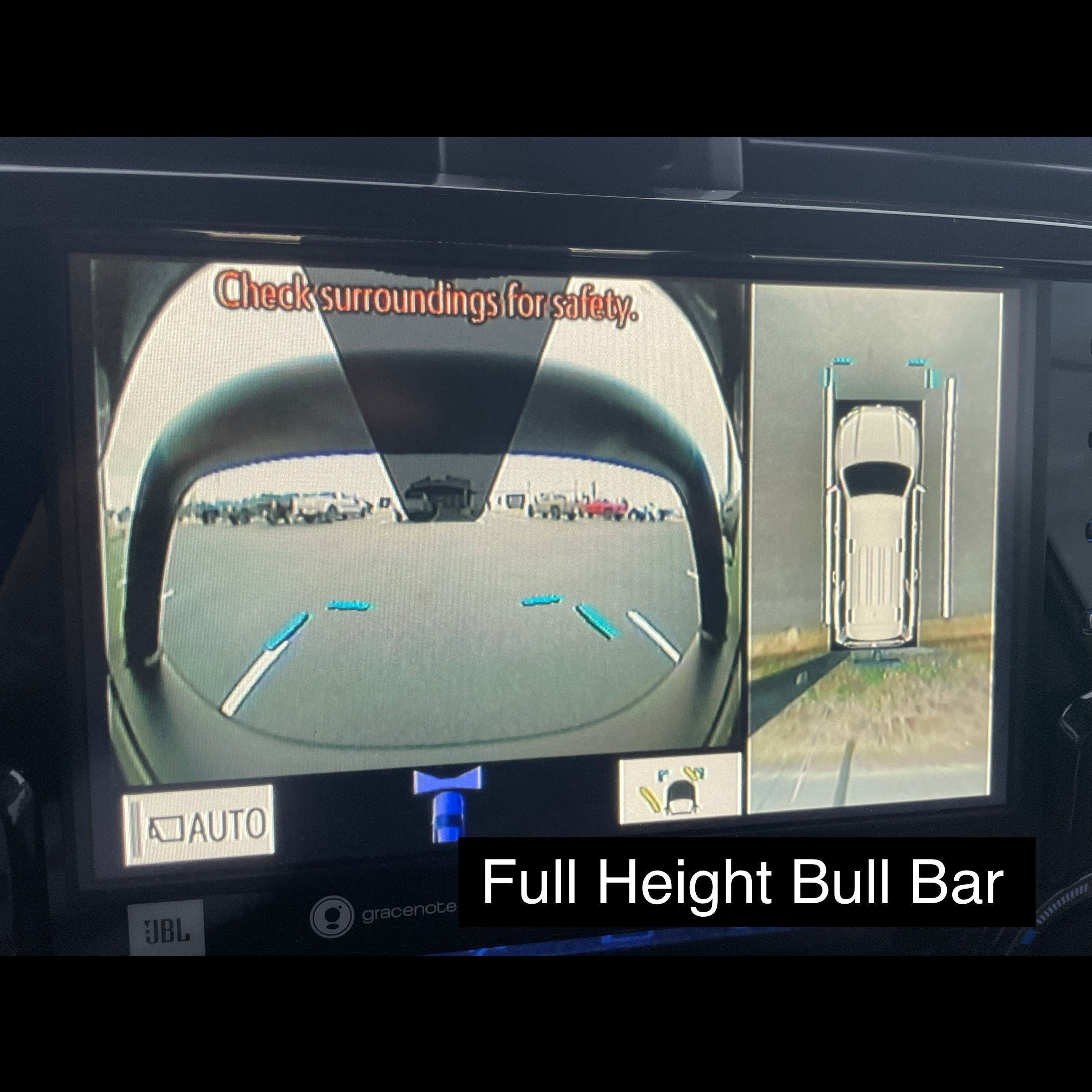 4Runner Lo-Pro winch bumper for 2014-2024 models displayed on a vehicle's rear camera view with a full height bull bar.