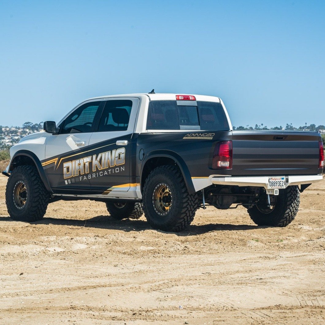 2009-2018 Dodge Ram TRX Kit installed on a modified truck showcasing rugged offroad capabilities in a desert setting.