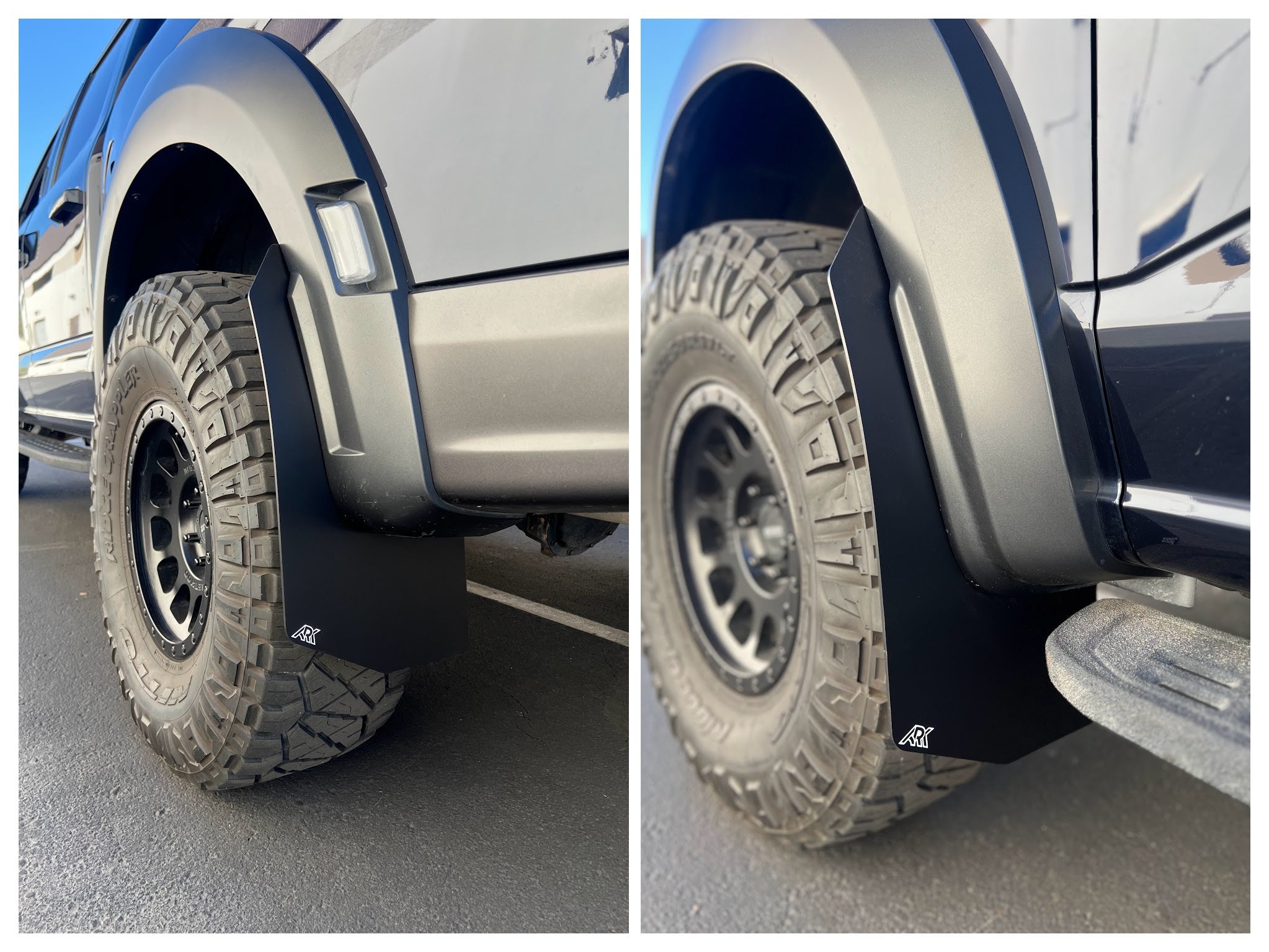 Mud flaps for 2021+ Ford Raptor, designed to protect against mud and debris, featuring a sleek black finish.