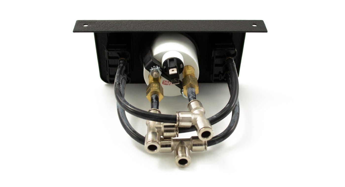 Air Lift Dual Needle Gauge Panel with dual paddle switches, featuring a sleek design and multiple connection points for air control.