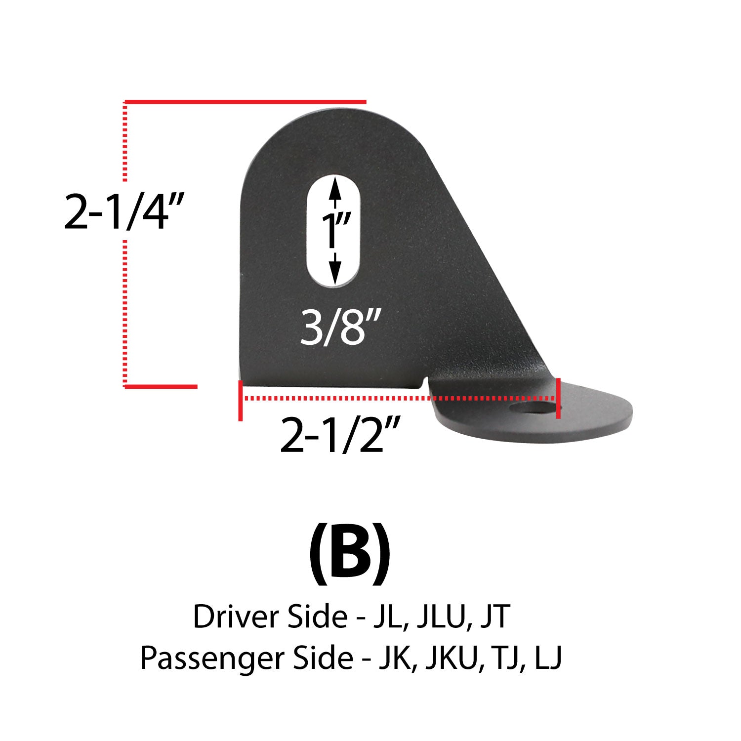 Antenna mount for Jeep Wrangler TJ, LJ, JK, JL, and Gladiator JT, featuring precise dimensions for installation.