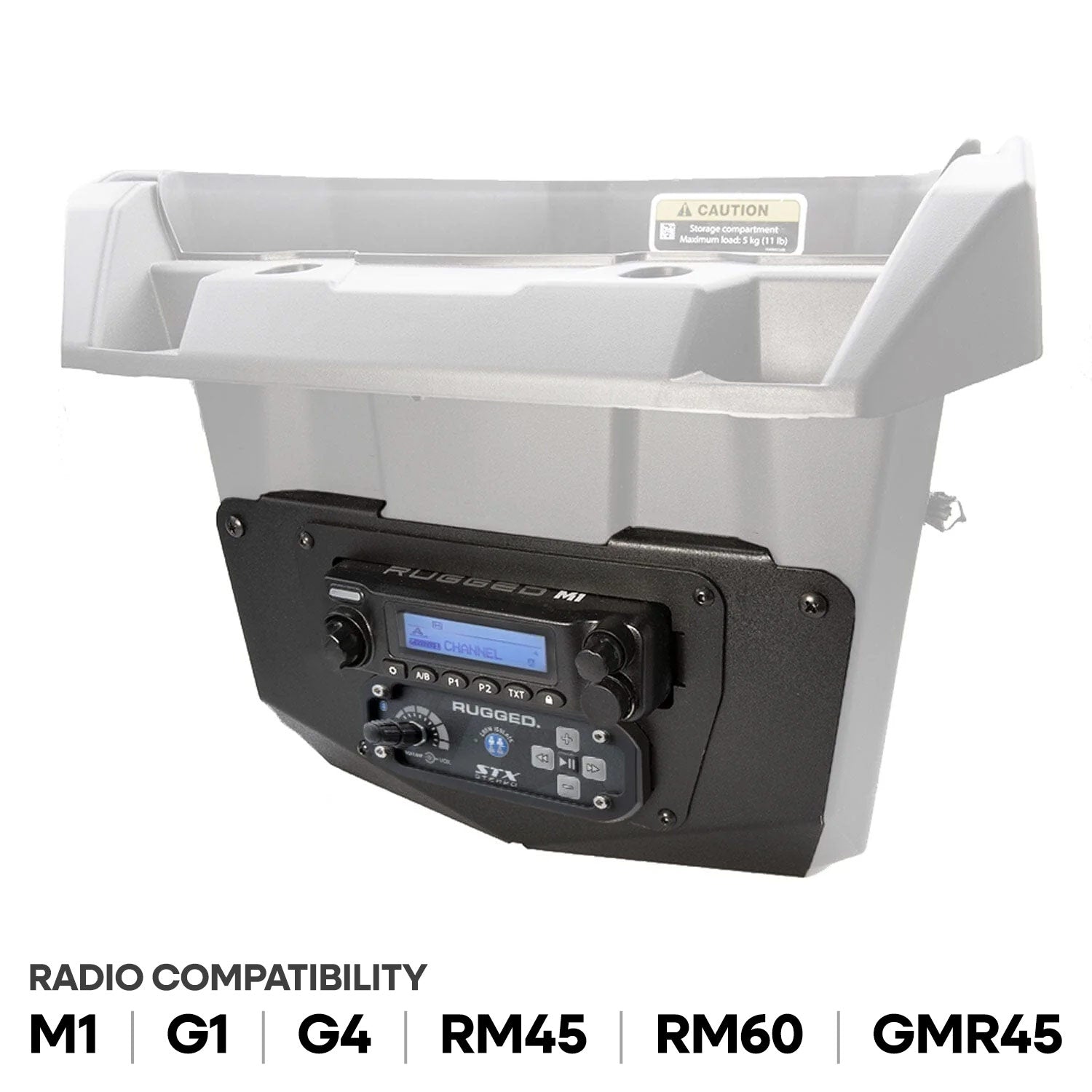Glove box multi-mount kit for Can-Am Commander and Maverick, designed for Rugged UTV radios and intercoms.