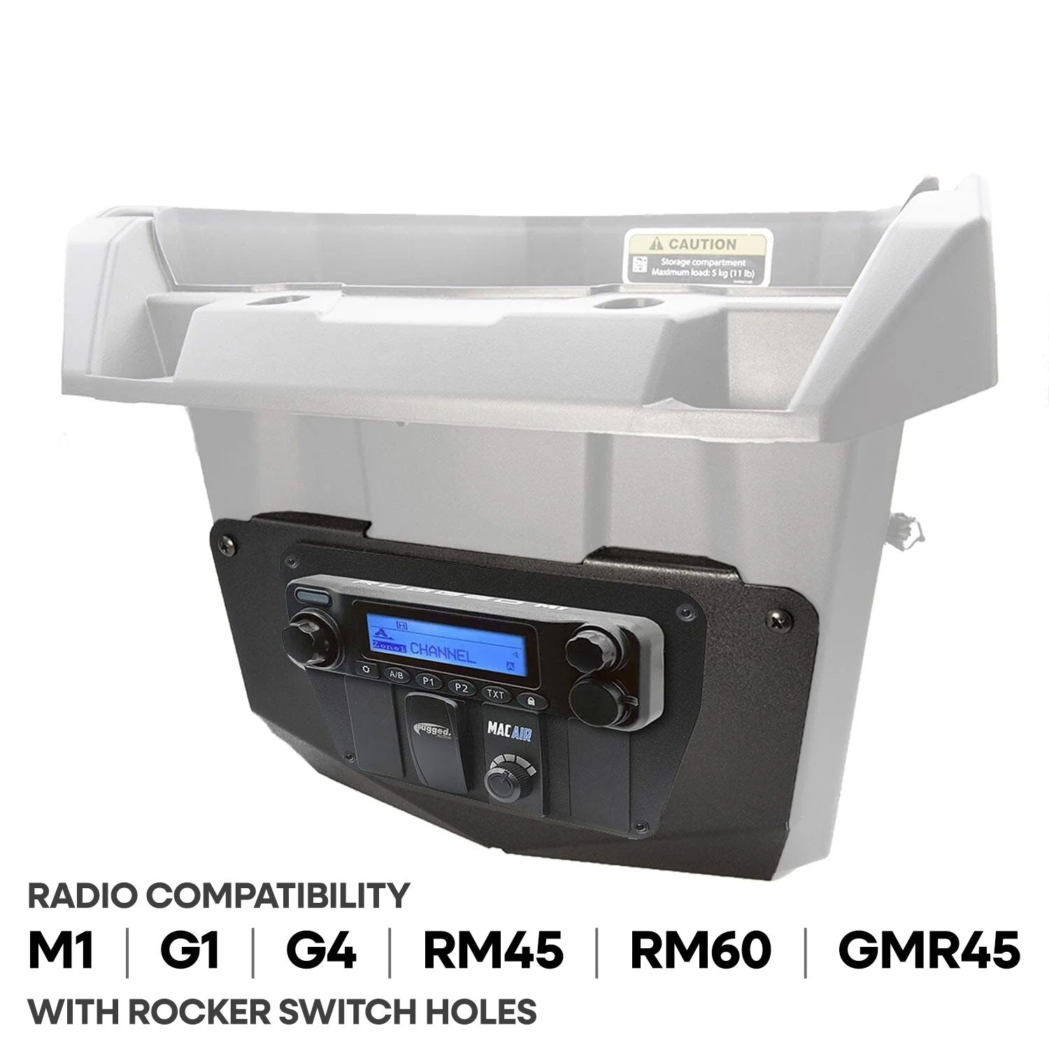 Glove box multi-mount kit for Can-Am Commander and Maverick, compatible with Rugged UTV radios and intercoms.