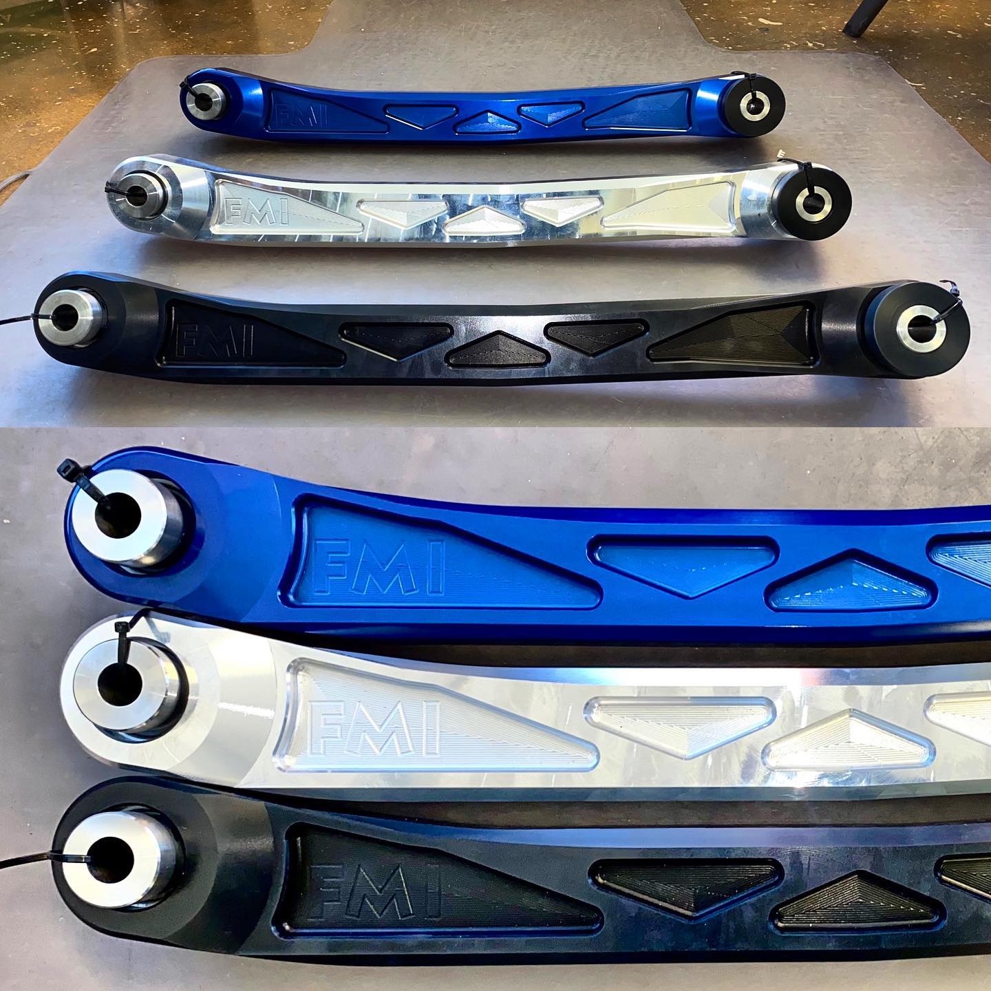 2025 Ram RHO rear suspension arm kit featuring billet aluminum arms in blue, silver, and black finishes for enhanced performance.