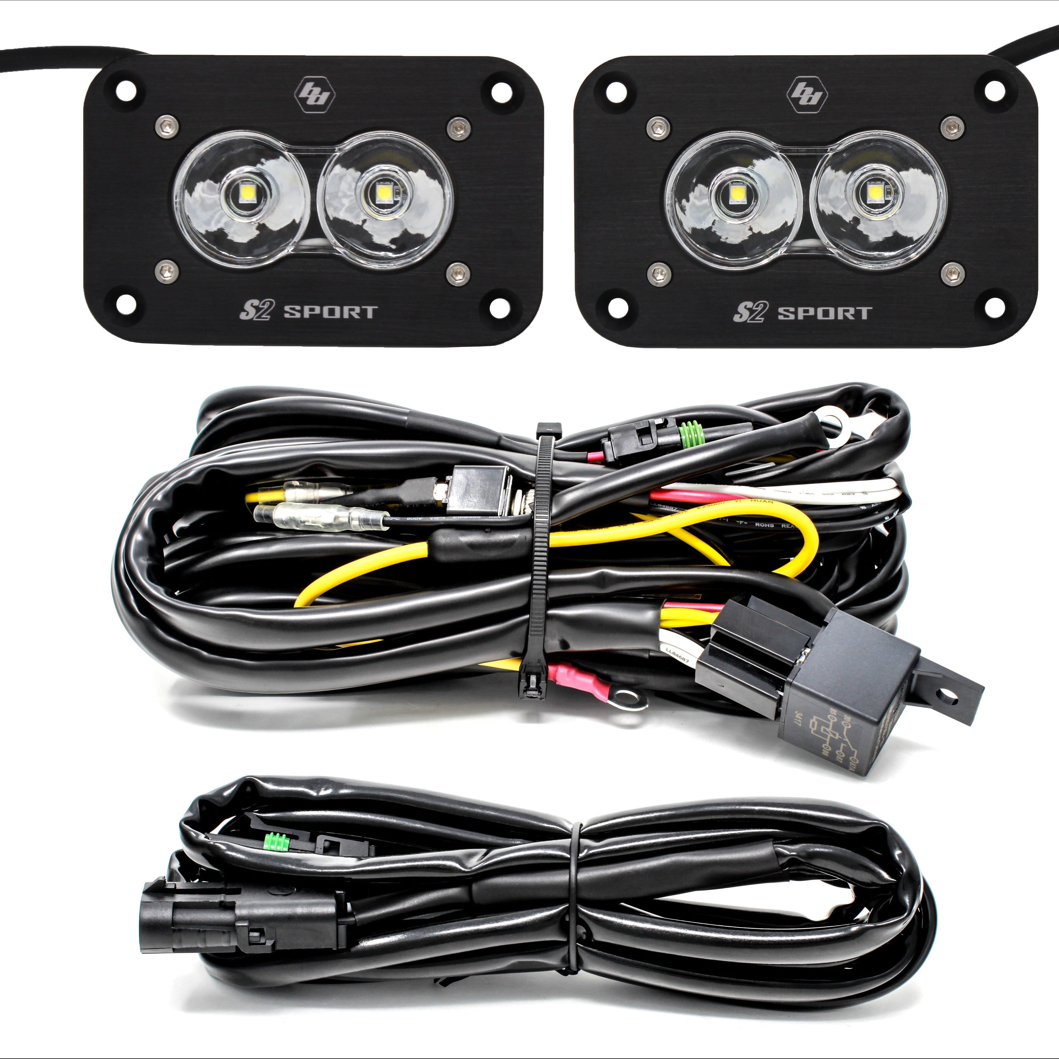 Baja Designs S2 Sport Flush Mount Reverse Kit with two LED lights and wiring harness for enhanced visibility.
