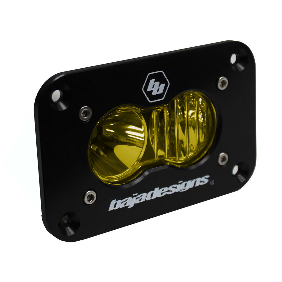 Baja Designs S2 Sport Amber Flush Mount light with a sleek black housing and amber lens for offroad visibility.