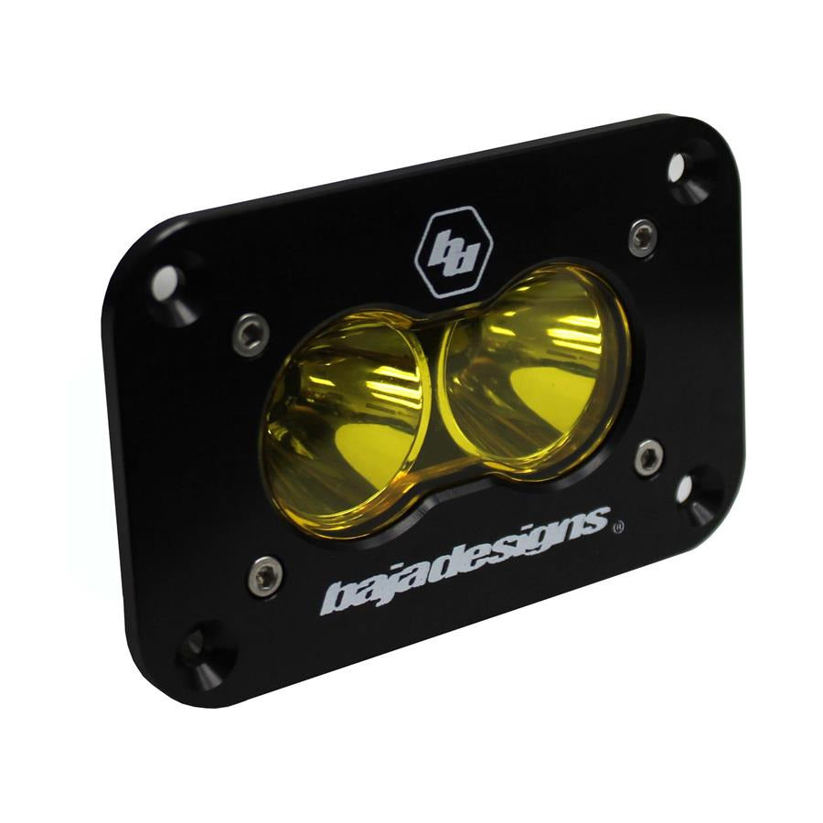 Baja Designs S2 Sport Amber Flush Mount light with dual amber lenses and a sleek black housing for offroad vehicles.
