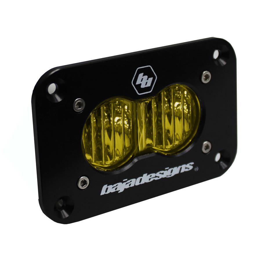 Baja Designs S2 Sport Amber Flush Mount light with dual amber lenses and a black housing for offroad vehicles.