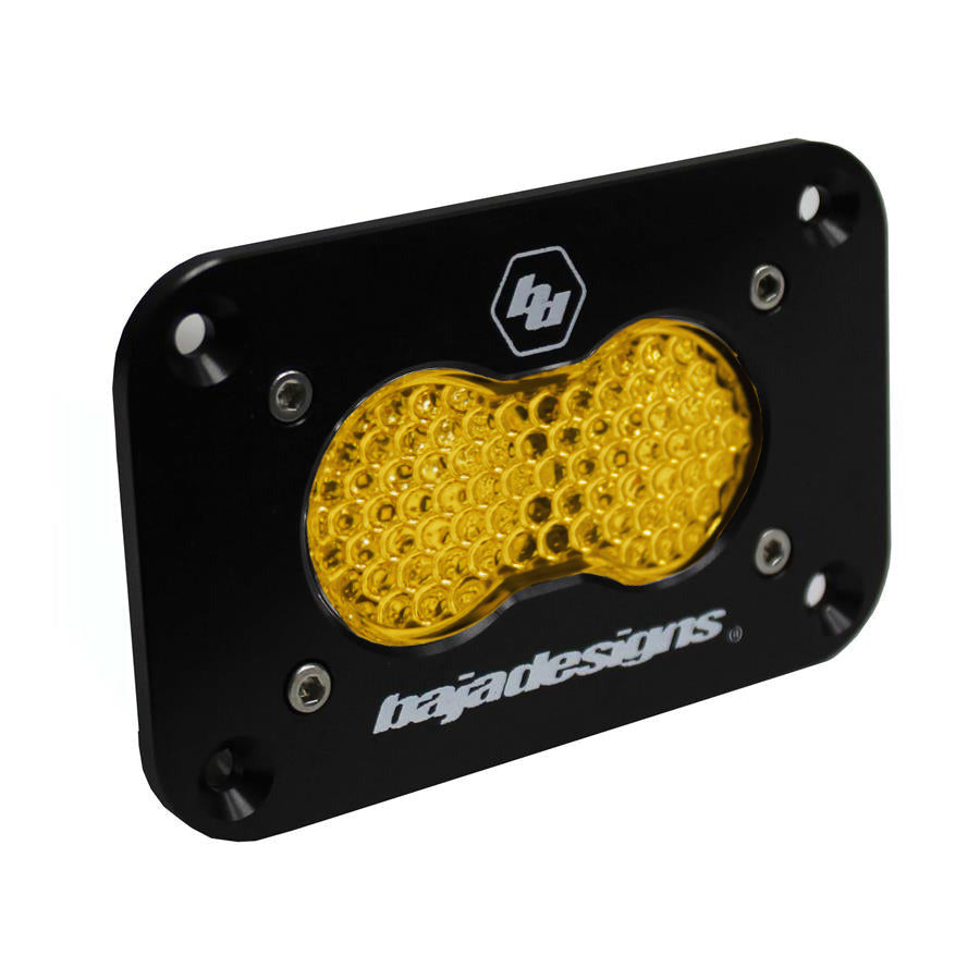 Baja Designs S2 Sport Amber Flush Mount light with a black housing and amber lens, designed for offroad vehicles.
