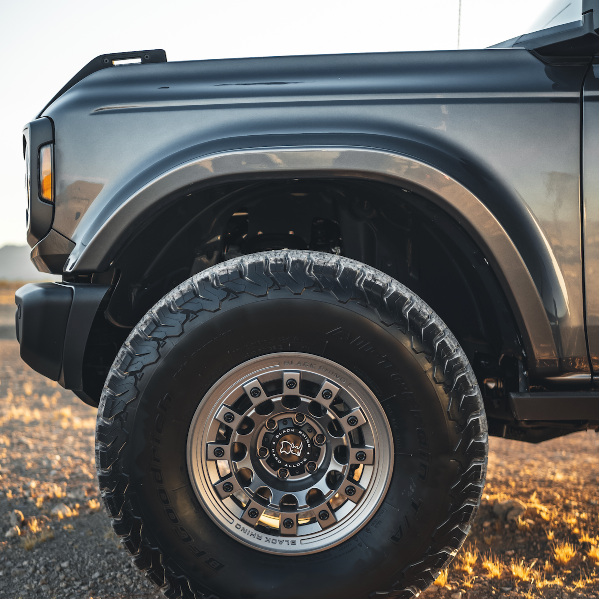 2021-2025 Ford Bronco fenders showcasing a rugged design with a close-up of the wheel and tire. Ideal for offroad enthusiasts.