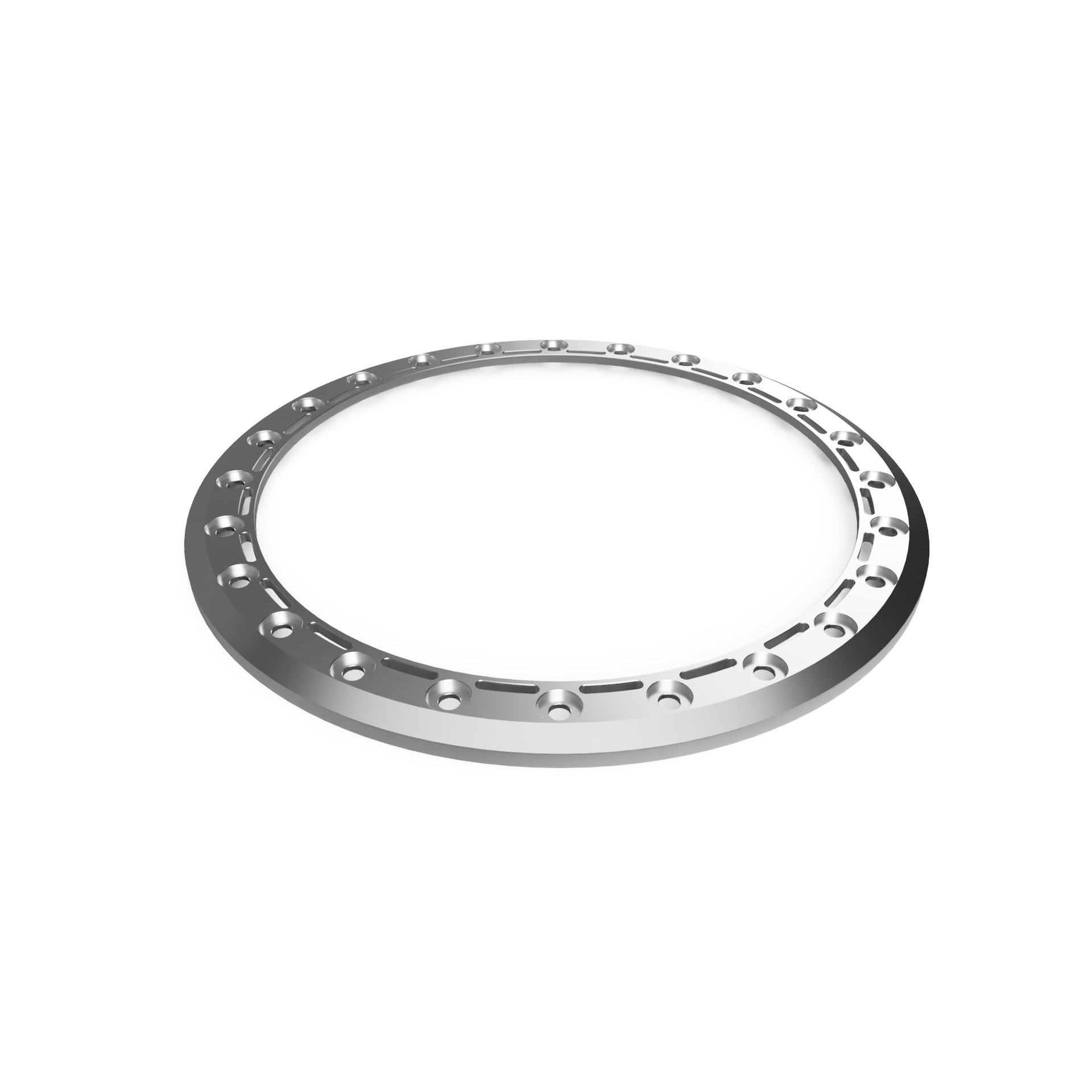 Aluminum simulated ring with a polished finish and multiple holes for lightweight applications and customization.