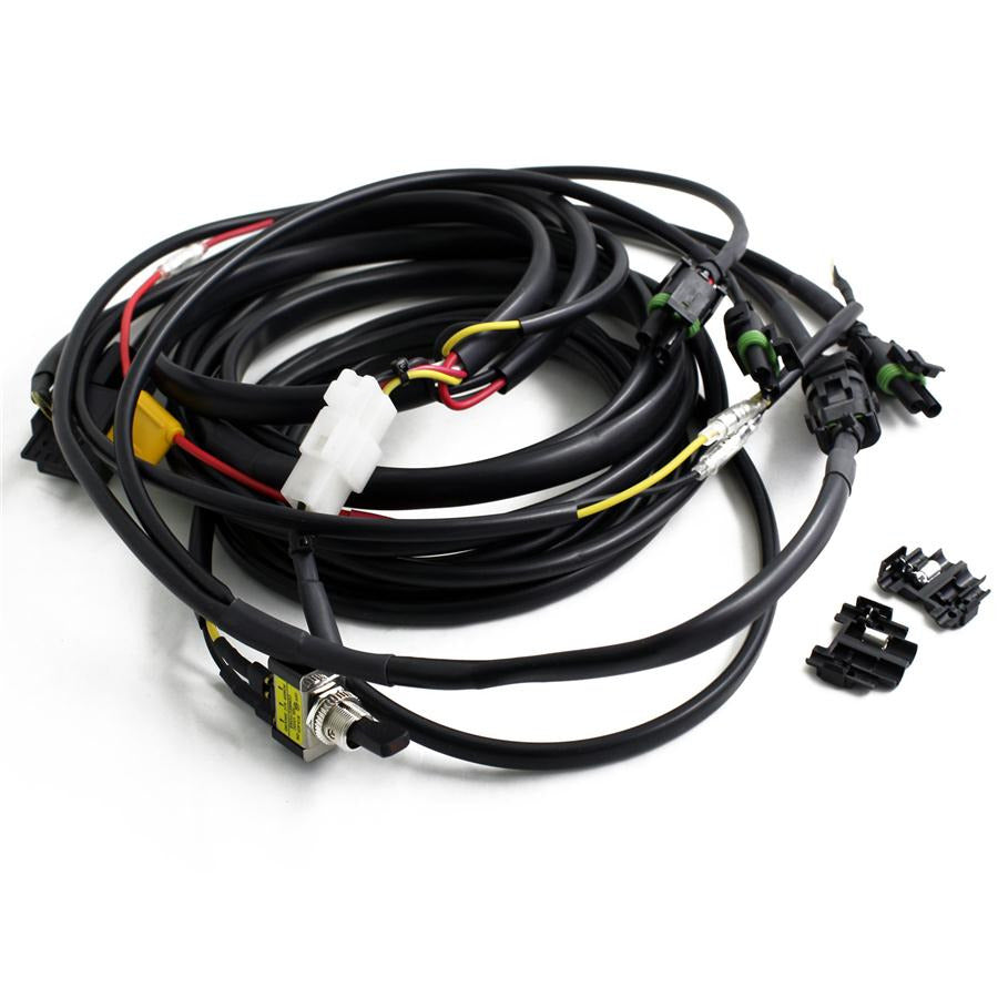 Baja Designs Squadron/S2 wire harness for up to three lights, supporting a maximum of 325 watts, with connectors and wiring.