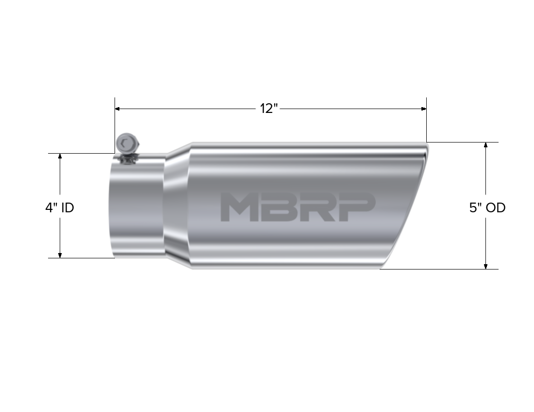 Exhaust Tail Pipe Tip 5 Inch O.D. Angled Rolled End 4 Inch Inlet 12 Inch Length T304 Stainless Steel MBRP