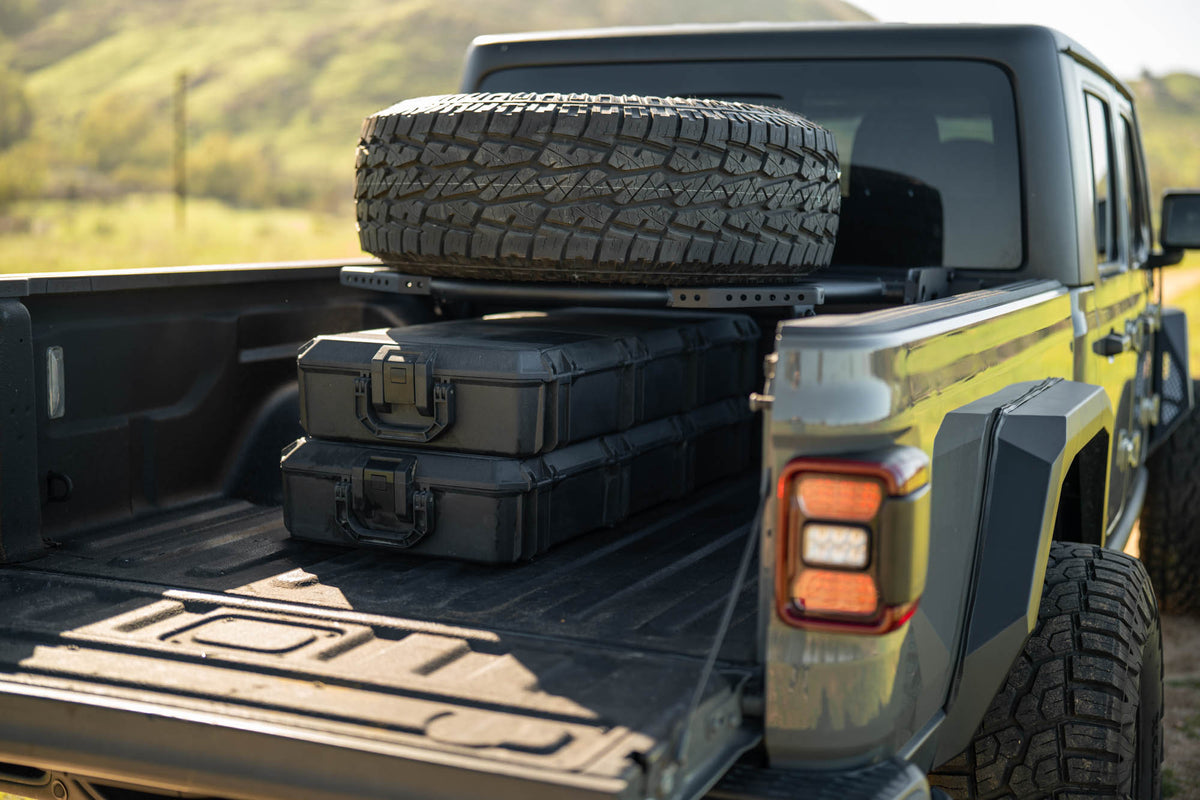 2020 2025 Jeep Gladiator JT Adjustable In Bed Tire Carrier DV8 Offroad