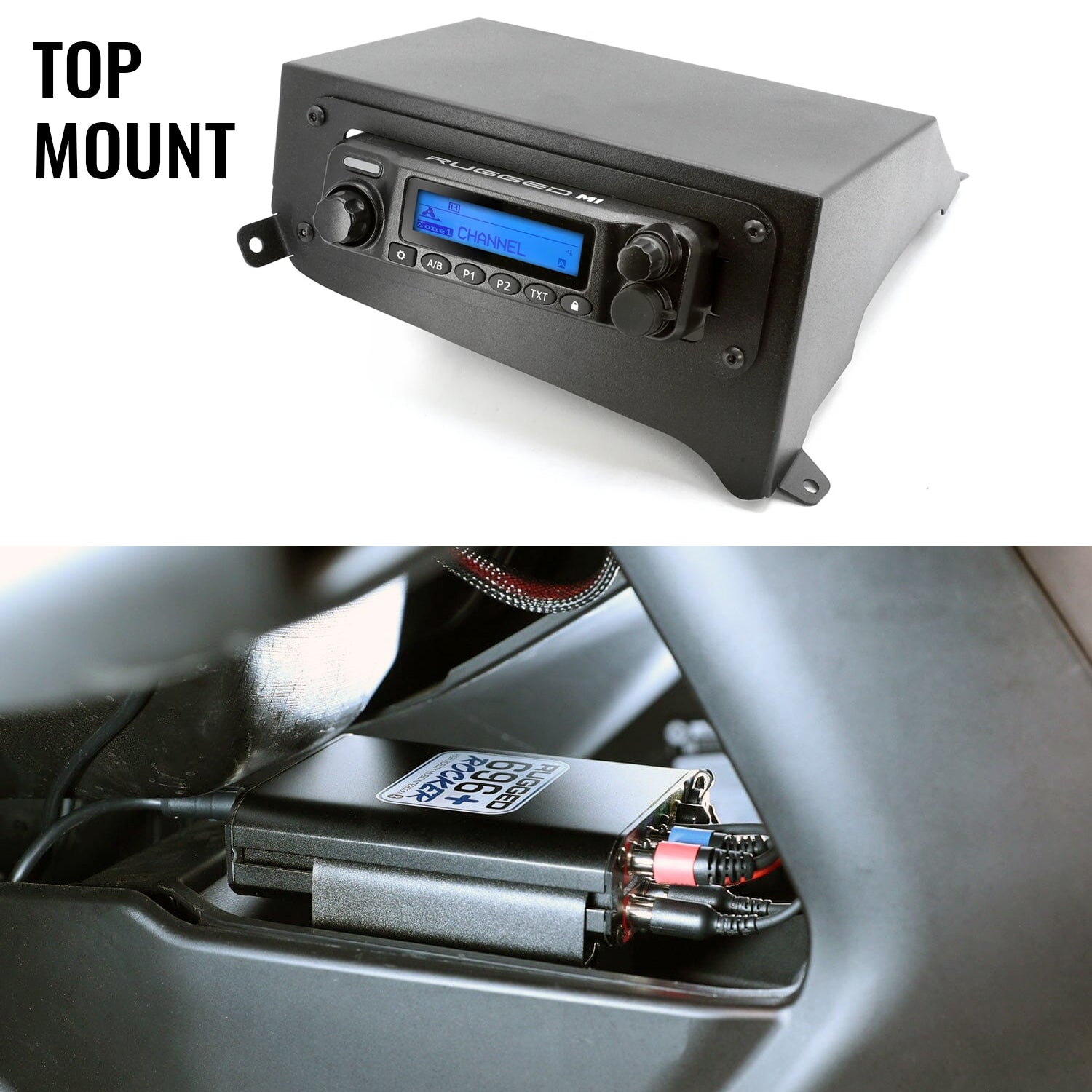 Can-Am Maverick R communication kit with Bluetooth intercom, 2-way radio, and top mount stereo remote head.