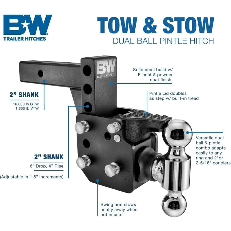 B&W Trailer Hitches Tow & Stow Pintle Adjustable Ball Mount Model TS10053B