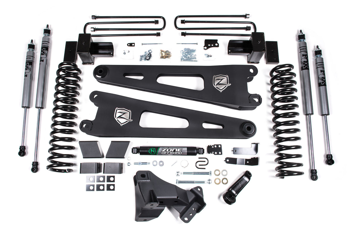 17-19 Ford F-250/350 Super Duty 4 Inch Radius Arm Lift Kit 2 Inch Rear Block Gas 3 Leaf Main Fox Adventure Shocks Adventure Series Shocks Zone Offroad