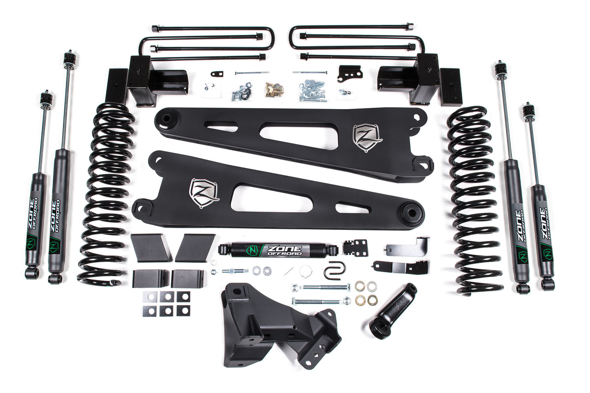 17-19 Ford F-250/350 Super Duty 4 Inch Radius Arm Lift Kit 2 Inch Rear Block Diesel 2 Leaf Main Nitro Shocks Zone Offroad
