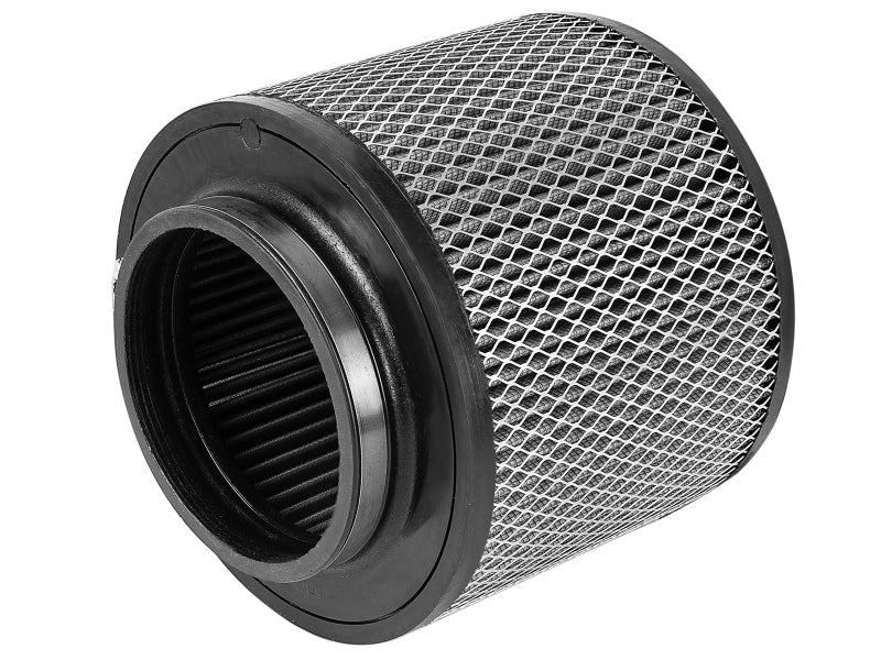 AFE Magnum FORCE replacement air filter featuring a cylindrical design with expanded metal and dimensions of 5.5 inches front, 9 inches back, 9 inches top, and 7 inches height.
