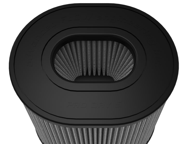 afe Magnum FORCE replacement air filter with a cylindrical design, featuring a black top and pleated filter material for enhanced airflow.