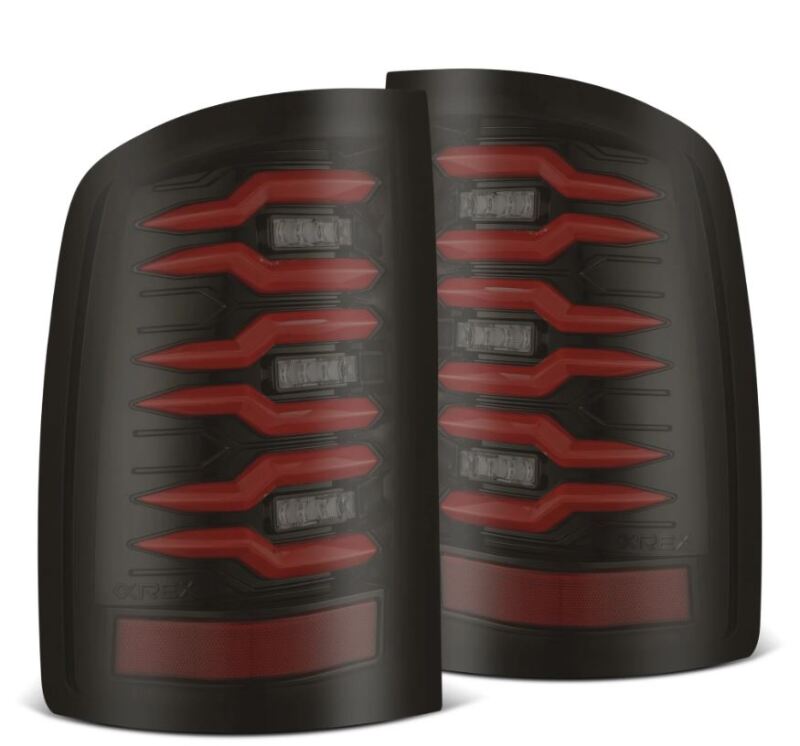 AlphaRex Luxx-Series LED tail lights for 07-13 GMC Sierra 1500 and 07-14 2500/3500HD in black and red design.