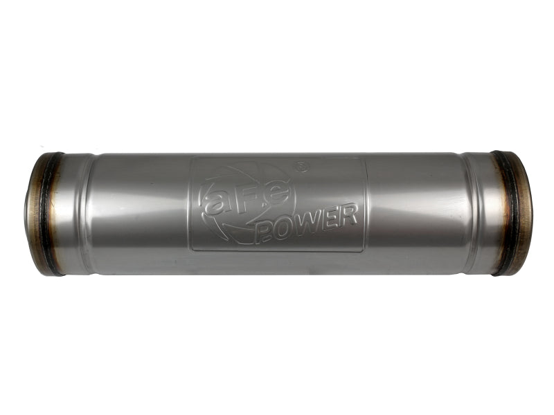 afe MACH Force-Xp round muffler with 2-1/2 inch ID, 5 inch diameter, and 18 inch length for enhanced exhaust performance.